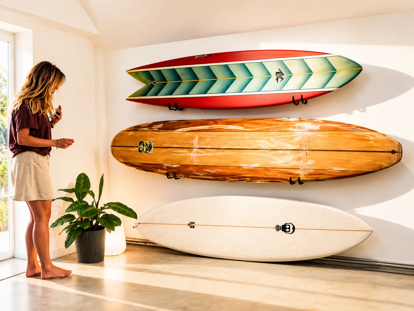 Surfboards lined up against the wall