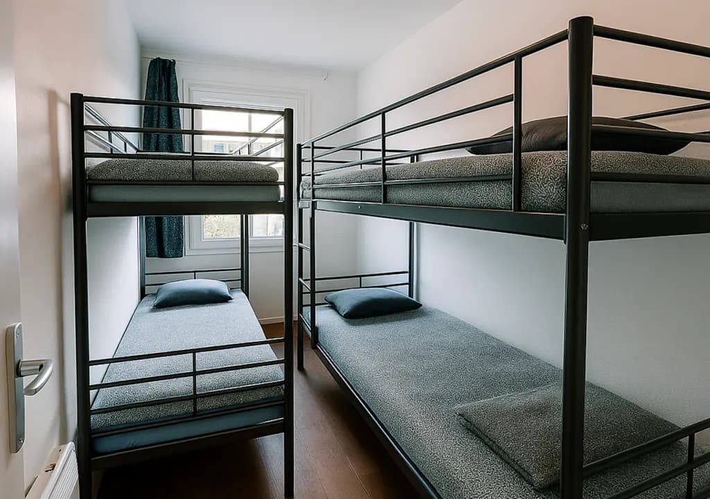 Gismo dorm — black metal bunk beds in a bright white room